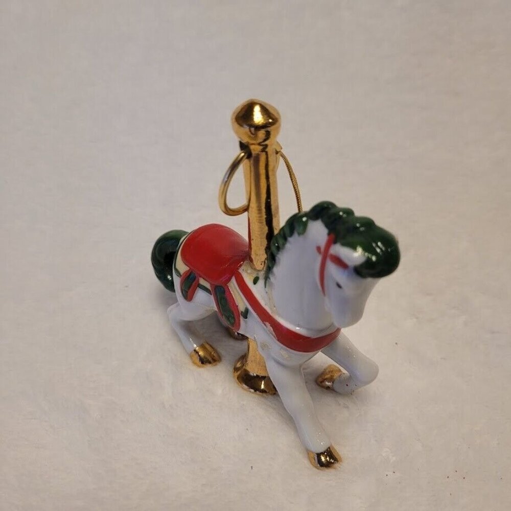 Vintage Carousel Horse Ornament White Red Green Gold Trim Holiday Decor - Picture 3 of 8